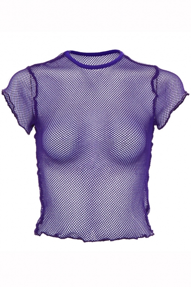 Girls Sexy Plain Crewneck Short Sleeve Transparent Mesh Cropped T-Shirt