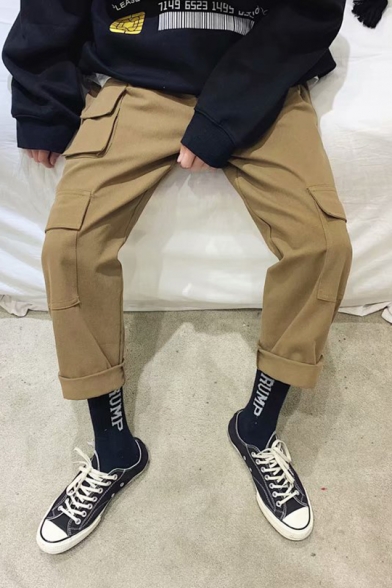 Guys Casual Loose Simple Plain Flap Pocket Side Cotton Straight Cargo Trousers