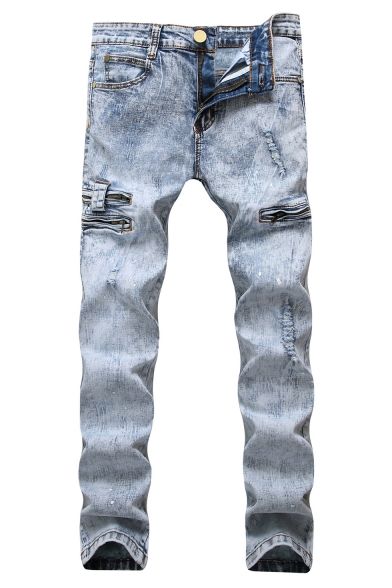 Guys Cool Bleach Washed Zip-Embellished Patchwork Ripped Stretch Fit Jeans in Light Blue