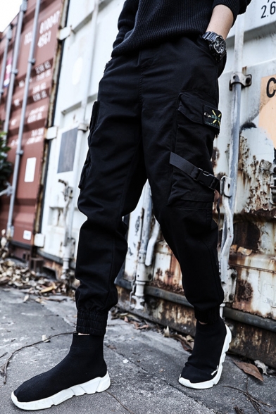 Guys New Fashion Loose Casual Elastic Cuff Buckle Ribbon Detail Cargo Pants