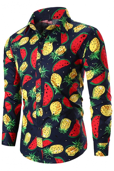 Guys New Stylish Allover Pineapple Watermelon Printed Long Sleeve Slim Fitted Shirt