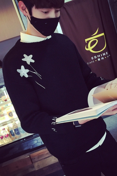 Guys Simple Letter Star Print Round Neck Casual Loose Warm Thick Sweater