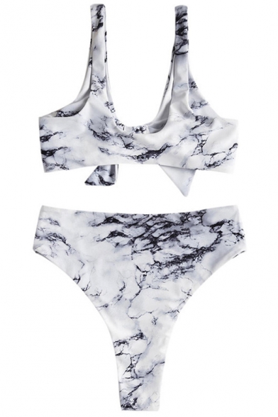 Holiday Sexy Marble Printed White Tied Front High Waist Bottom Bikini Swimwear