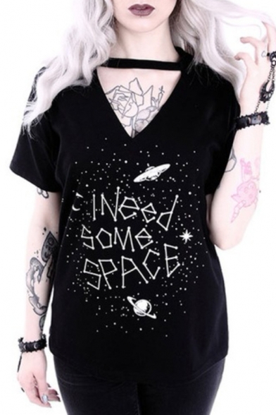 Hot Fashion Letter Planet Printed V-Neck Short Sleeve Black Casual T-Shirt