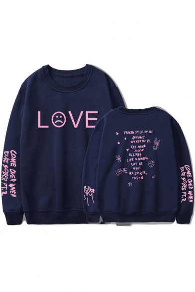 American Rapper Fashion Sad Face Letter LOVE Print Basic Long Sleeve Unisex Pullover Sweatshirt
