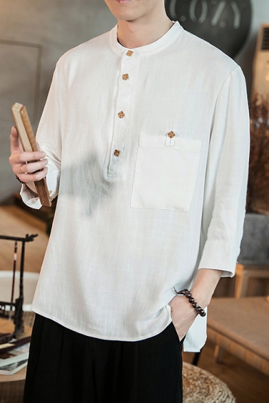 Comaba Men Casual Solid-Colored Linen Chinese Style Classic T-Shirt