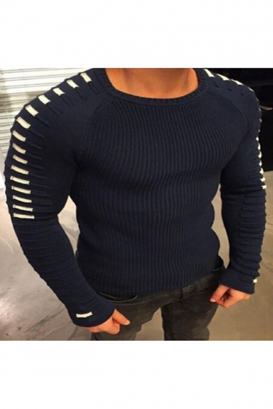 Men's Fashion Round Neck Long Sleeve Pleated Knit Pullover Sweater