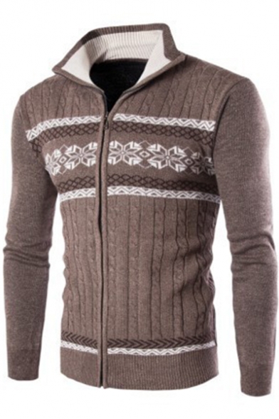 Men's New Trendy Geometric Printed Stand Collar Slim Fit Zip Up Cable Knit Cardigan