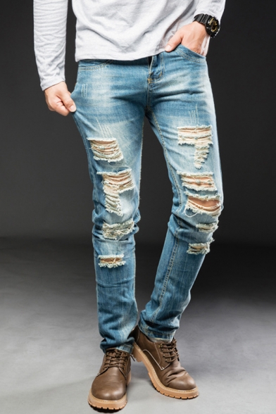 Men's Retro Bleach Wash Straight Fit Light Blue Ripped Jeans