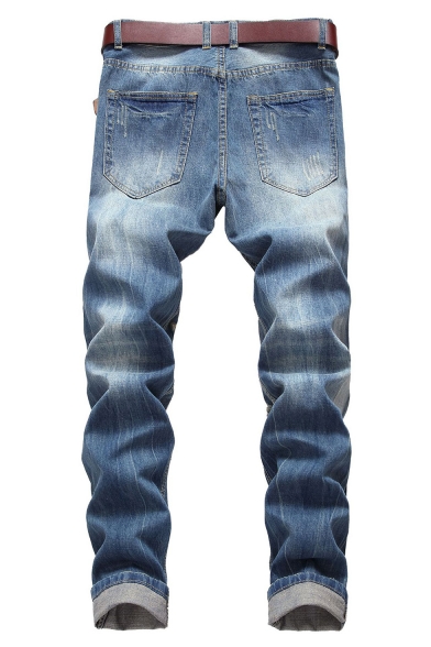 Men's Retro Bleach Wash Straight Fit Light Blue Ripped Jeans
