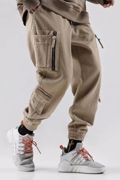 Mens Fashion Drawstring Waist Unique Zip Pocket Gathered Cuff Cotton Harem Cargo Pants