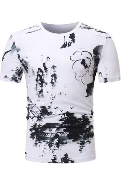 Mens Fashion Monochrome Landscape Print Short Sleeve White Casual T-Shirt