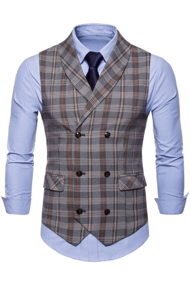Mens Retro Plaid Printed Buckle Back Shawl Collar Double Breasted Suit Vest