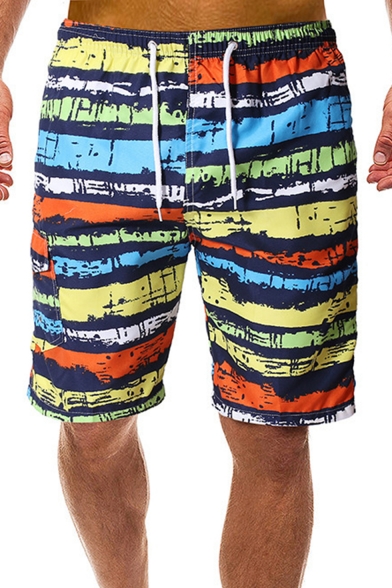 Mens Stylish Ink Rainbow Stripe Printed Fast Drying Guys Drawstring-Waist Holiday Beach Swim Trunks