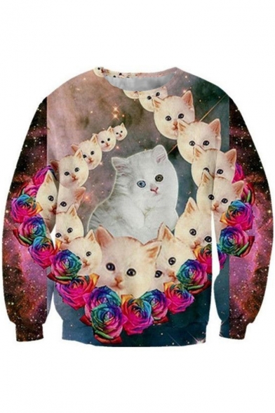 Mens Trendy 3D Cat Floral Printed Round Neck Long Sleeve Casual Sweatshirt