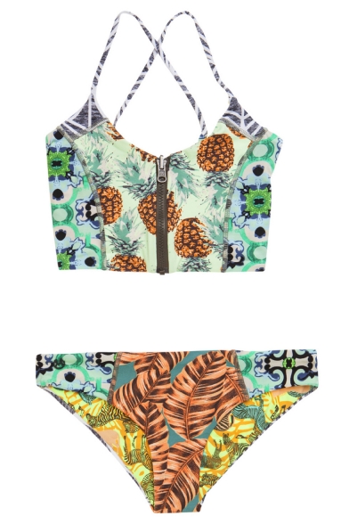 New Fashion Pineapple Printed Zip Front Tied Back Bikini Swimwear
