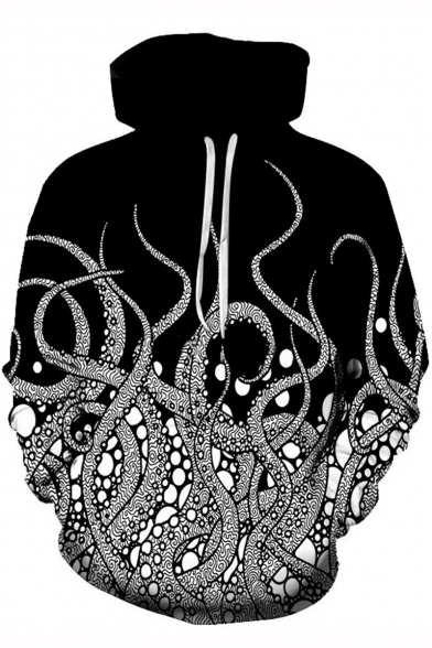 New Trendy 3D Octopus Printed Long Sleeve Casual Loose Black Hoodie