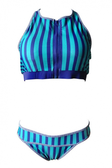 New Trendy Striped Printed Zipper Front Sleeveless Bikini