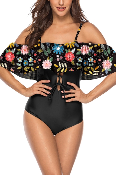 Off The Shoulder Short Sleeve Ruffle Cut-Out Front Flora Animal Printed One Piece Swimwear