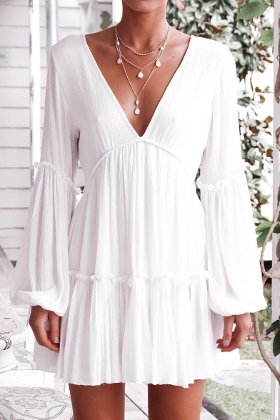 Sexy Plunge V-Neck Long Sleeve Ruffle Trim White Mini A-Line Dress