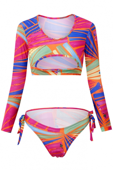 3pcs Grid Tracksuit Rainbow Color  Printed Long Sleeve Crop T-shirt+Bikini 