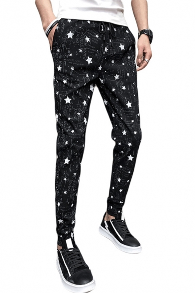 Stylish Allover Stars Printed Drawstring Waist Black Casual Pants for Men