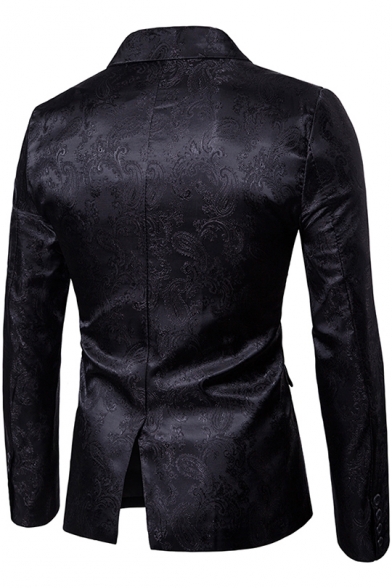 Stylish Printed Notched Lapel Single Button Long Sleeves Flap-Pockets Slim Mens Suit Blazer