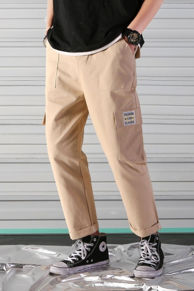 Summer Basic Simple Rolled Hem Loose Casual Straight-Leg Guys Cargo Trousers