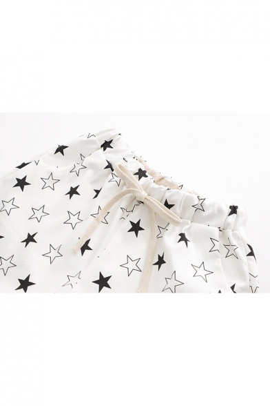 Summer Comfortable Linen Drawstring Waist Allover Star Printed White Shorts