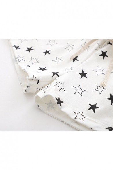 Summer Comfortable Linen Drawstring Waist Allover Star Printed White Shorts