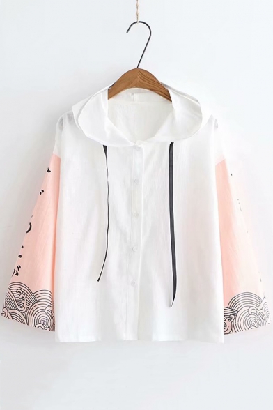 Summer Loose Casual Colorblock Long Sleeve Drawstring Hooded Button Down T-Shirt