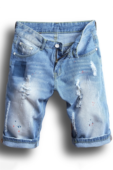 Summer Men S New Stylish Destroyed Ripped Rolled Cuff Light Blue Fit Jeans Denim Shorts Beautifulhalo Com