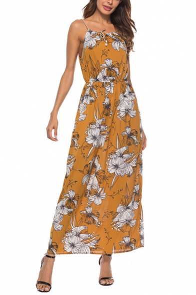 Summer New Stylish Floral Pattern Sleeveless Tied Front Elastic Waist Yellow Maxi A-Line Dress
