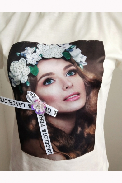 Summer Trendy Figure Letter Floral Patched Round Neck Short Sleeve Casual White T-Shirt