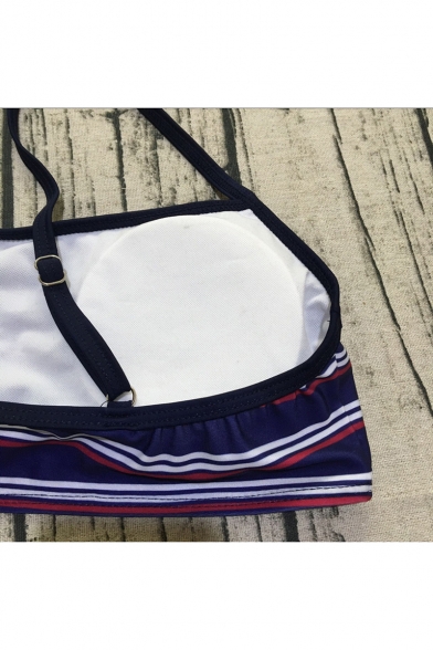 Trendy Color Block Striped Printed Spaghetti Straps Sleeveless Sexy Navy Bikini