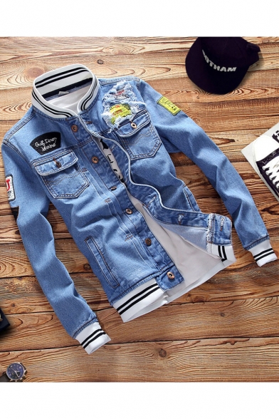 Trendy Light Blue Stand Collar Applique Patch Buttons Down Long Sleeve Ripped Denim Jacket