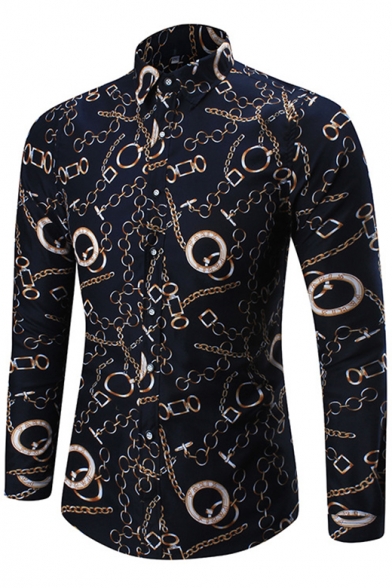 Unique Chain Printed Long Sleeve Fitted Button-Up Navy Shirt for Men