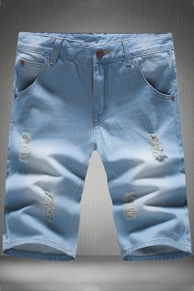 Vintage Destroyed Ripped Detail Mens Slim Fit Light Blue Denim Shorts