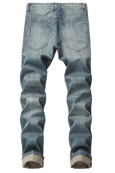 Vintage Distressed Ripped Straight Slim Fit Blue Jeans for Men