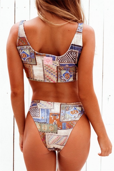 Vintage Tribal Print Knotted Front V-Neck Sleeveless High Waist Bottom Bikini