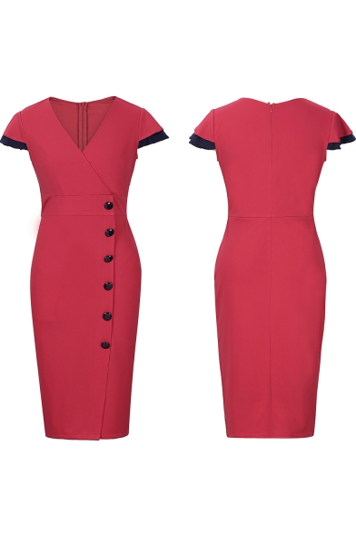 Women's New Stylish Buttons Patched V-Neck Short Sleeve Red Midi Bodycon Dress