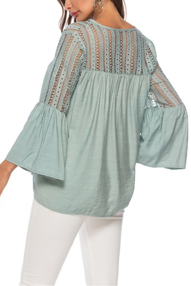 Womens New Trendy Lace-Up Hollow out Flared Sleeve Buttons Down Green Shirt