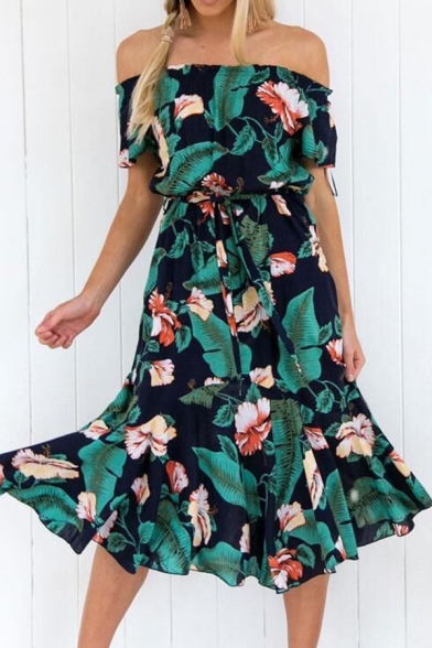 Boho Style Off the Shoulder Short Sleeve Floral Tropical Print Tied Waist Green Midi A-Line Beach Dress