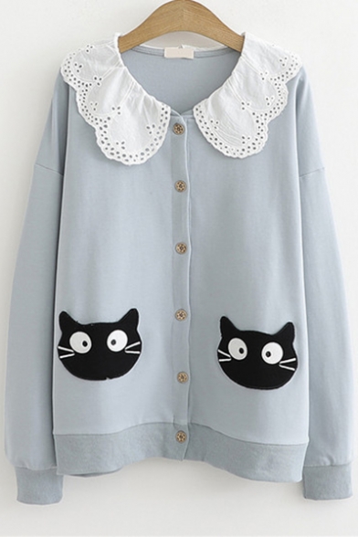Cartoon Cat Embroidery Lace Insert Doll Collar Button Down Long Sleeve Loose Sweatshirt Jacket