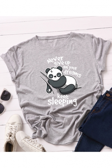 Cartoon Cute Panda Letter Print Round Neck Short Sleeves Casual Cotton Tee