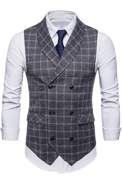Classic Plaid Printed Shawl Collar Double Breasted Flap-Pockets Suit Vest for Men