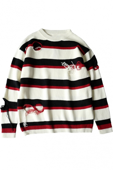 Color Block Striped Hollow Out Ripped Round Neck Long Sleeve Guys Sweater