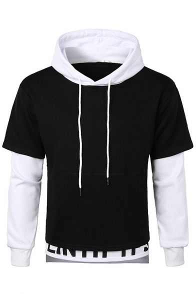 Cool Simple Letter Printed Colorblocked Cotton Fake Two-Piece Hoodie