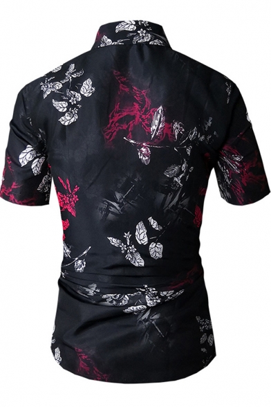 Cool Trendy Floral Printed Short Sleeve Black Slim Fit Button-Up Shirt for Men