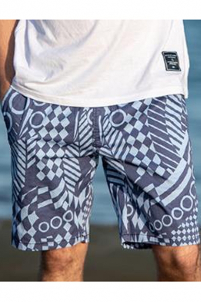 Drawstring Mens Trendy Fast Dry Geometry Printed Surfing Swim Shorts with Pockets